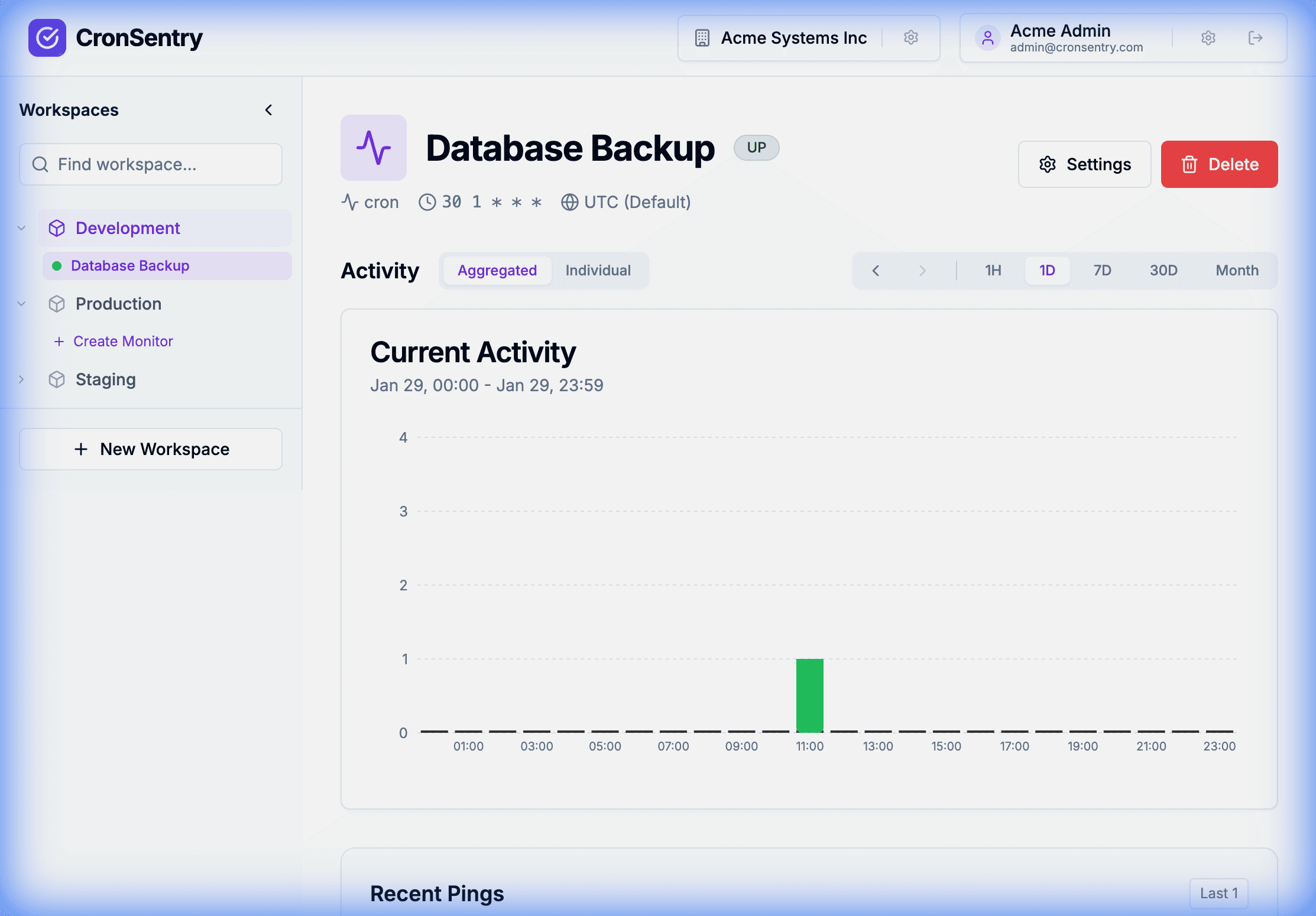 CronRabbit Dashboard showing monitor activity chart and status
